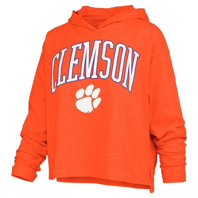 T-shirt à capuche manches longues pour femmes Pressbox Orange Clemson Tigers Nelson Arch Over Logo