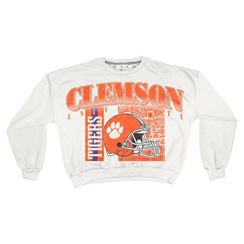 Women's Pressbox White Clemson Tigers Oversized Janice Retro Waist-Length Sweatshirt