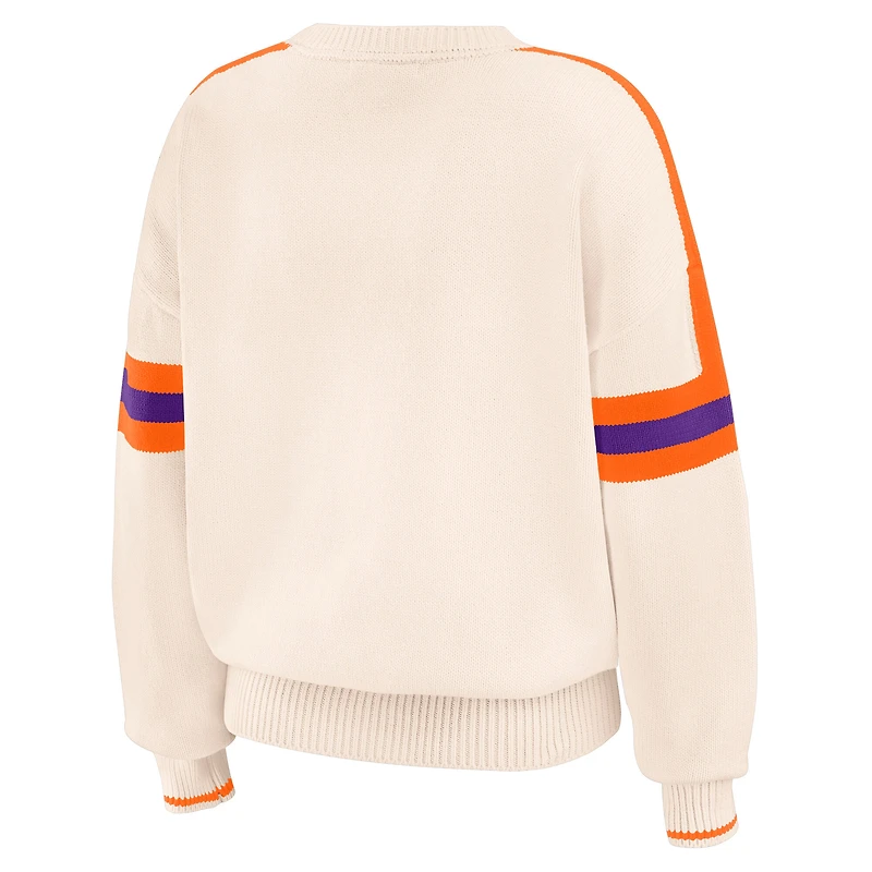Women's WEAR by Erin Andrews Cream Clemson Tigers Chenille Woven Patch Stripe Pullover Sweater