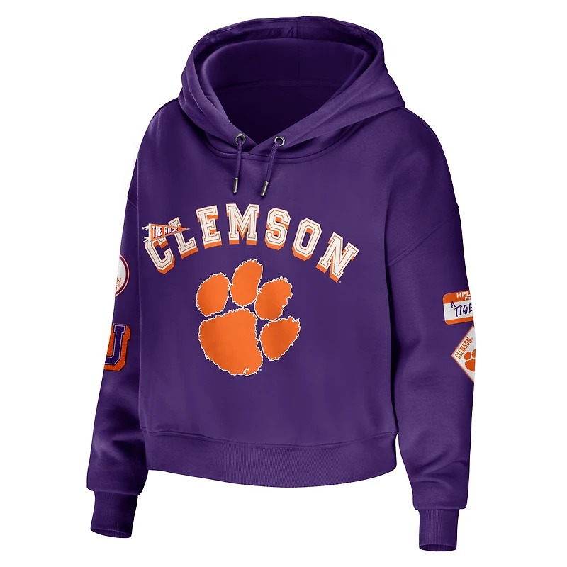 Women's WEAR by Erin Andrews Purple Clemson Tigers Mixed Media Cropped Pullover Hoodie
