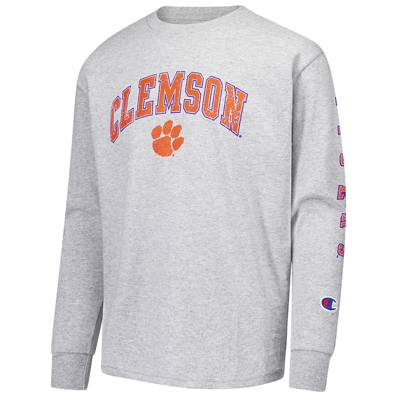 Youth Champion Gray Clemson Tigers Distressed Arch Over Logo Long Sleeve T-Shirt