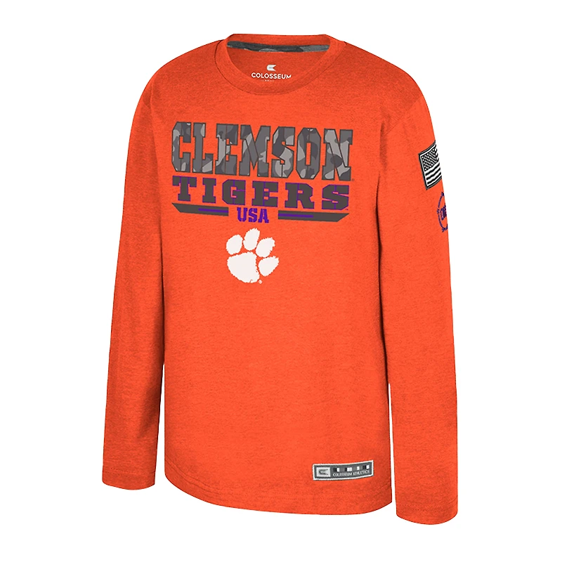 T-shirt à manches longues Oorah d'appréciation militaire OHT du Youth Colosseum Heather Orange Clemson Tigers