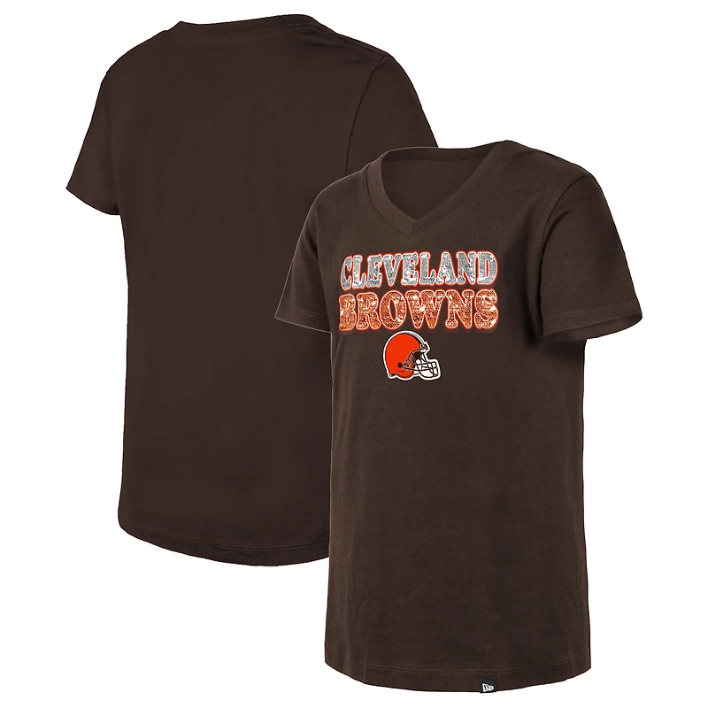 T-shirt à col en V sequins inversés marron Cleveland Browns pour jeunes filles New Era