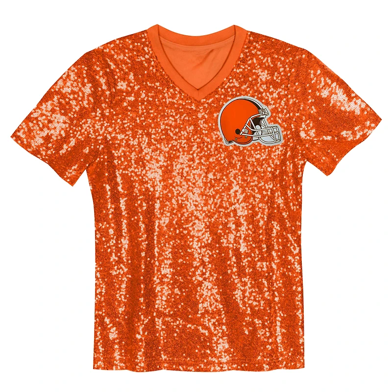 Haut orange à col en V et sequins avec inscription Cleveland Browns pour filles