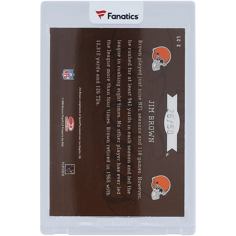 Carte autographiée Donruss Leaf Limited 2005 de Jim Brown, Cleveland Browns, coupes limitées, 2 couleurs, relique n° LC-2 n° 26/50