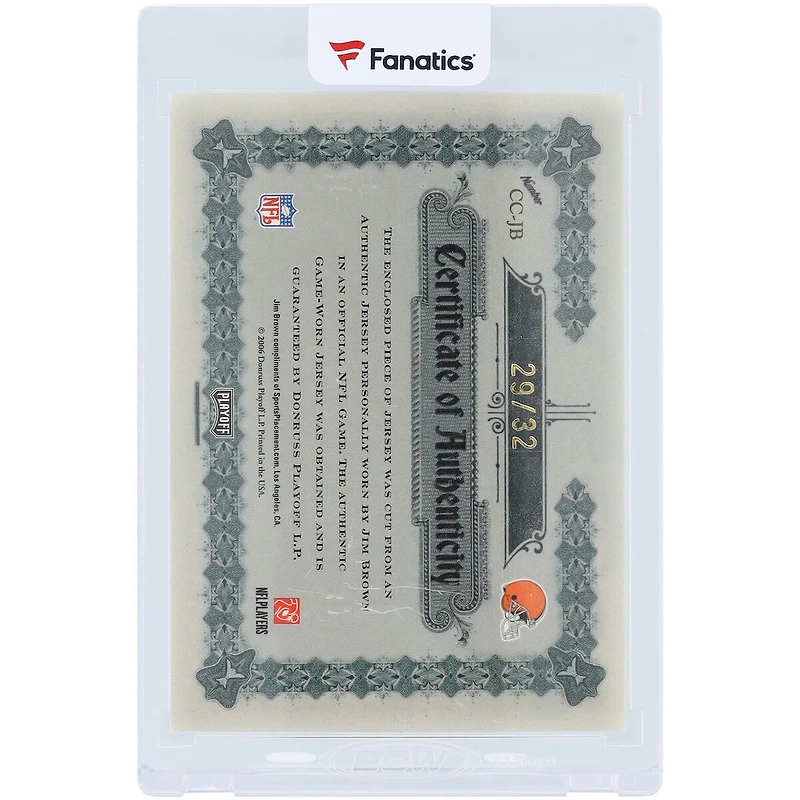 Jim Brown Cleveland Browns Autographed 2006 Playoff National Treasures Dual-Color Game Used Relic #CC-JB #29/32 Card