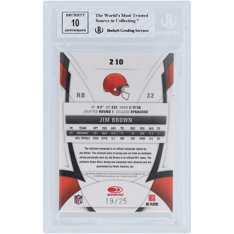 Jim Brown Cleveland Browns Autographed 2009 Leaf Certified 2 Color GU Relic #210 #19/25 BGS Authenticated 7.5/10 Card - 9.5,7,9,9.5 Subgrades