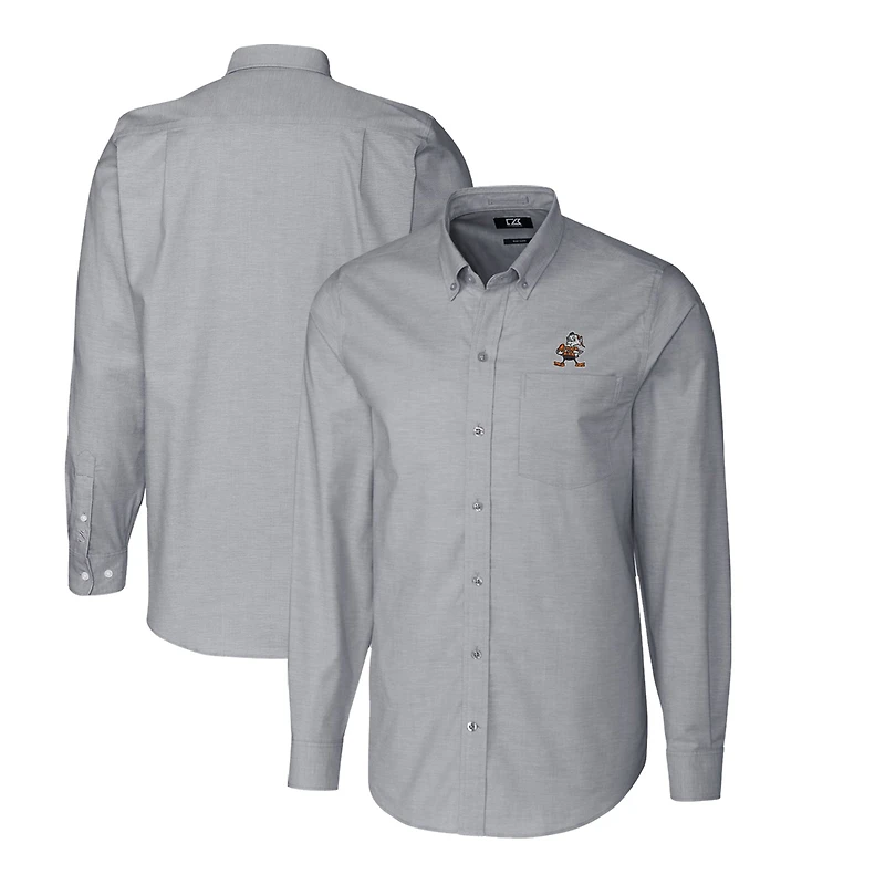 Chemise boutonnée extensible à manches longues et logo rétro des Cleveland Browns pour homme, Cutter & Buck, anthracite