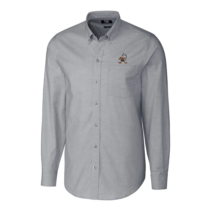 Chemise boutonnée extensible à manches longues et logo rétro des Cleveland Browns pour homme, Cutter & Buck, anthracite