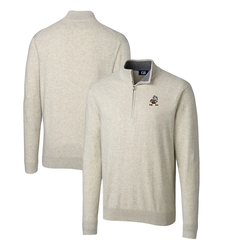 Men's Cutter & Buck Oatmeal Cleveland Browns Throwback Logo Lakemont Tri-Blend Quarter-Zip Pullover Sweater