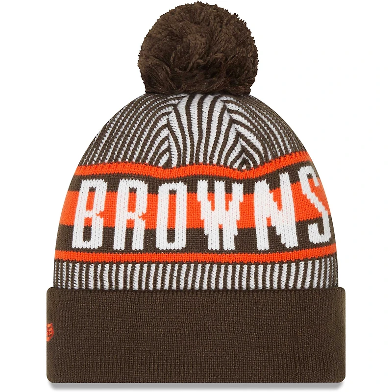 Bonnet en tricot à revers rayé Cleveland Browns New Era marron avec pompon pour hommes