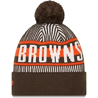 Bonnet en tricot à revers rayé Cleveland Browns New Era marron avec pompon pour hommes