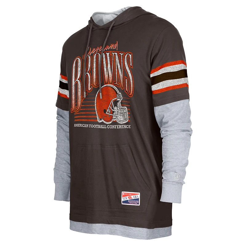 T-shirt à capuche manches longues Cleveland Browns Twofer pour homme New Era marron