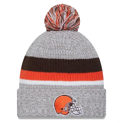 Bonnet en tricot à revers Cleveland Browns New Era pour hommes, gris chiné, avec pompon
