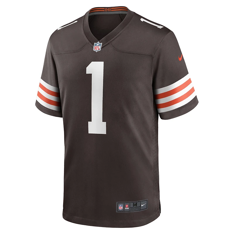Maillot de match Nike numéro 1 Groom marron des Cleveland Browns pour hommes