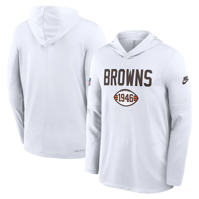 T-shirt à capuche Nike Dri-FIT manches longues pour homme, blanc, Cleveland Browns, avec précision des passes latérales