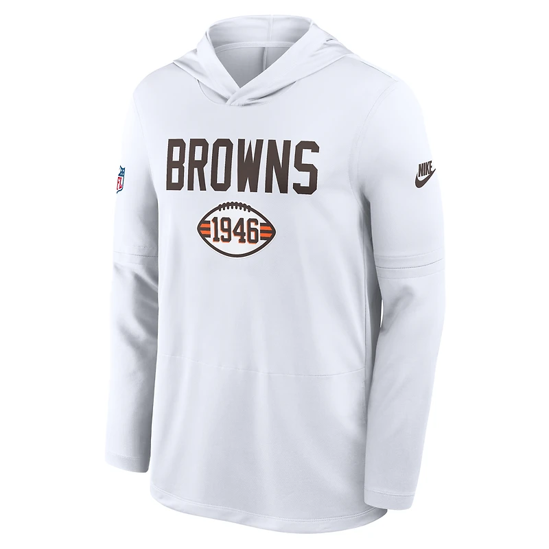 T-shirt à capuche Nike Dri-FIT manches longues pour homme, blanc, Cleveland Browns, avec précision des passes latérales