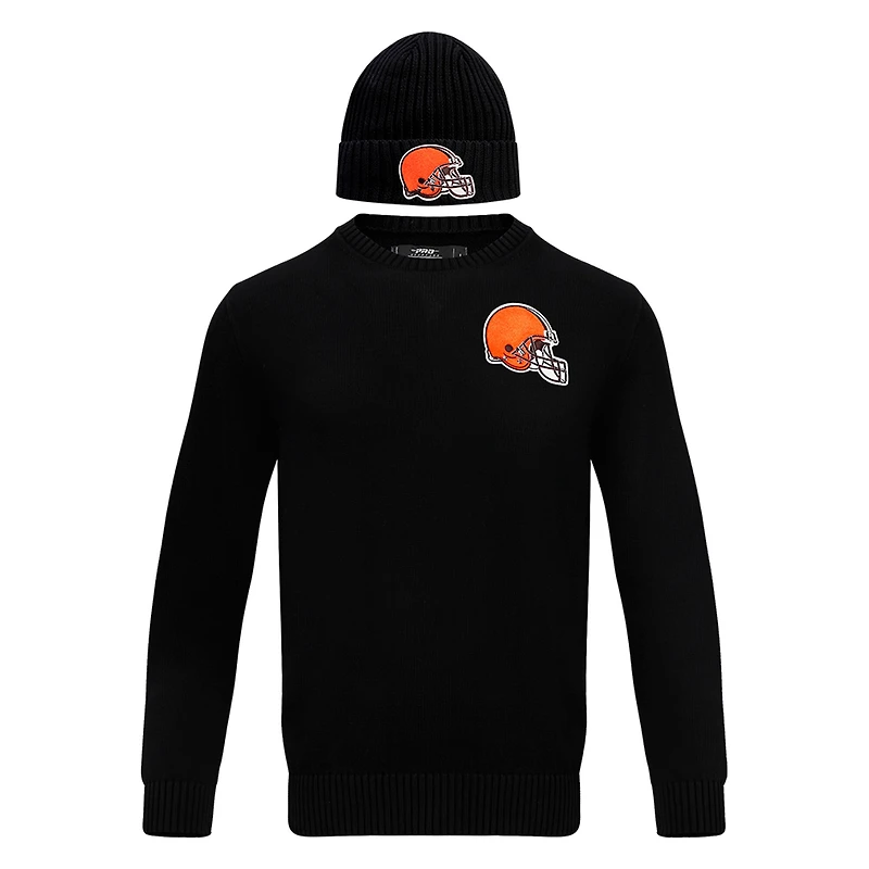 Coffret cadeau pull à col rond et bonnet en tricot revers Pro Standard Cleveland Browns noirs pour hommes