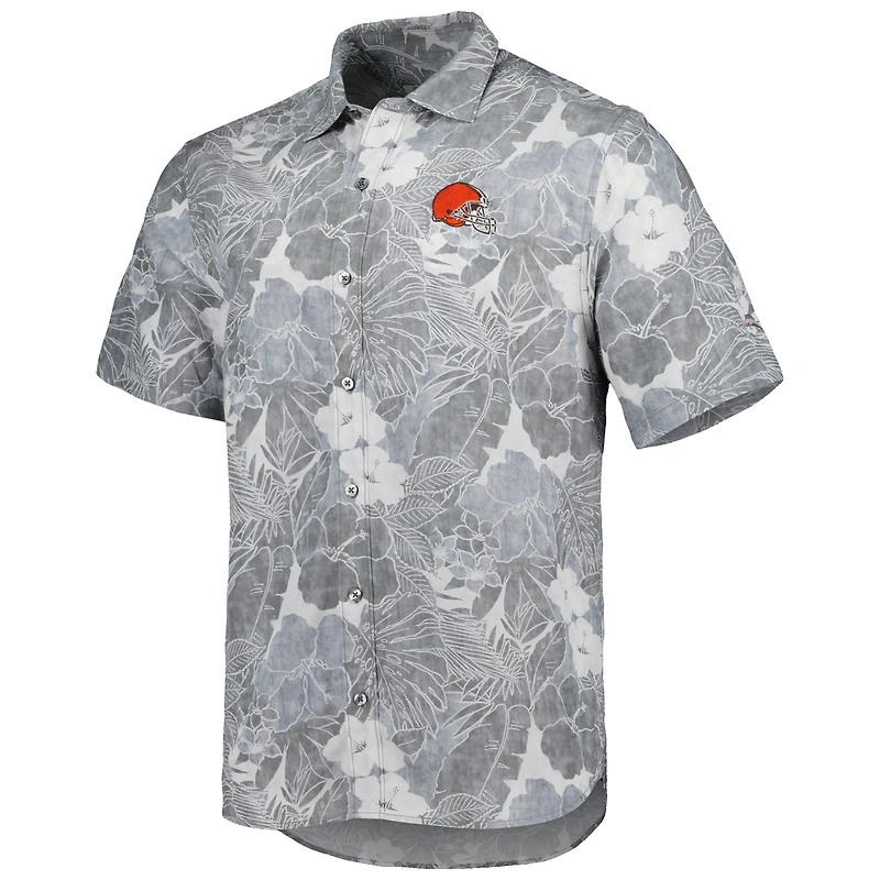 Chemise boutonnée Tommy Bahama grise Cleveland Browns Coconut Point Playa Floral Camp IslandZone pour hommes