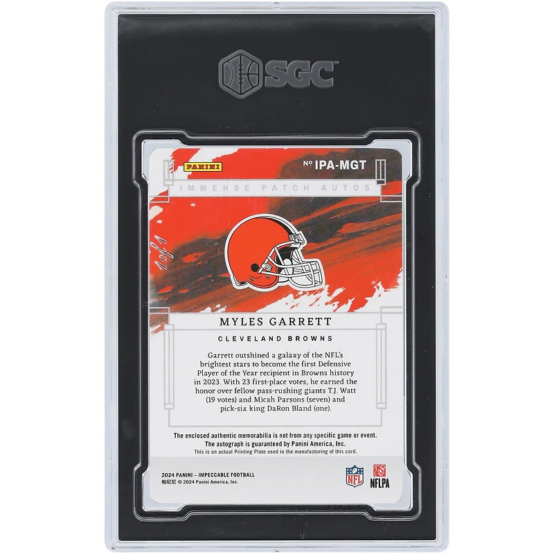 Myles Garrett Cleveland Browns Autographed 2024 Panini Impeccable Cyan Printing Plate Immense Patch Dual-Color Nike Logo Relic #IPA-MGT #1/1 SGC Authenticated Auth/Auto10 Card