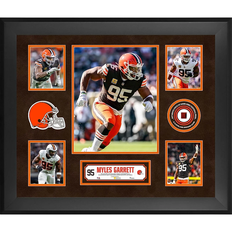 Collage encadré de 5 photos de Myles Garrett (Cleveland Browns) - 51 x 61 cm (20 x 24 pouces) avec un morceau de ballon de football américain utilisé lors d'un match - Édition limitée à 500 exemplaires