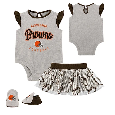 Ensemble trois pièces body, jupe et chaussons Newborn Heather Grey/Brown Cleveland Browns All Dolled Up
