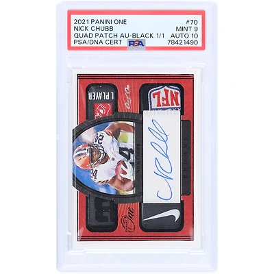 Nick Chubb Cleveland Browns Autographed 2021 Panini One Quad Laundry Tag Relic #70 #1/1 PSA Authenticated 9/10 Card