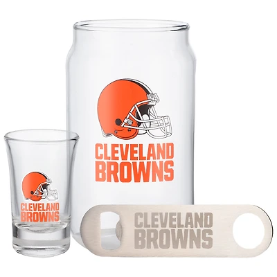 Ensemble de trois verres à bière Cleveland Browns de The Memory Company, verre à liqueur de 2 oz et décapsuleur