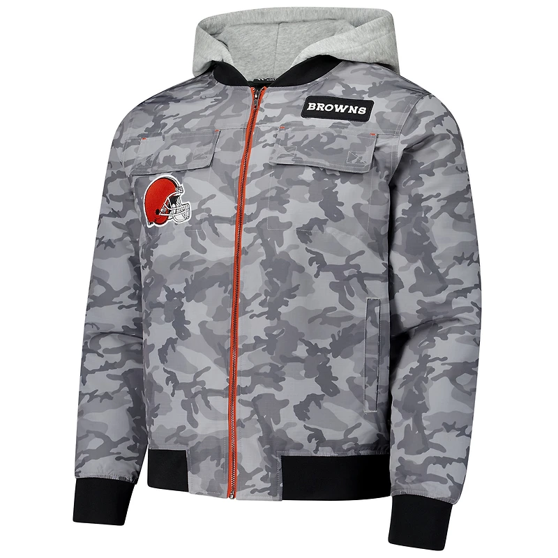 Blouson aviateur unisexe à capuche et fermeture éclair complète camouflage Cleveland Browns gris The Wild Collective