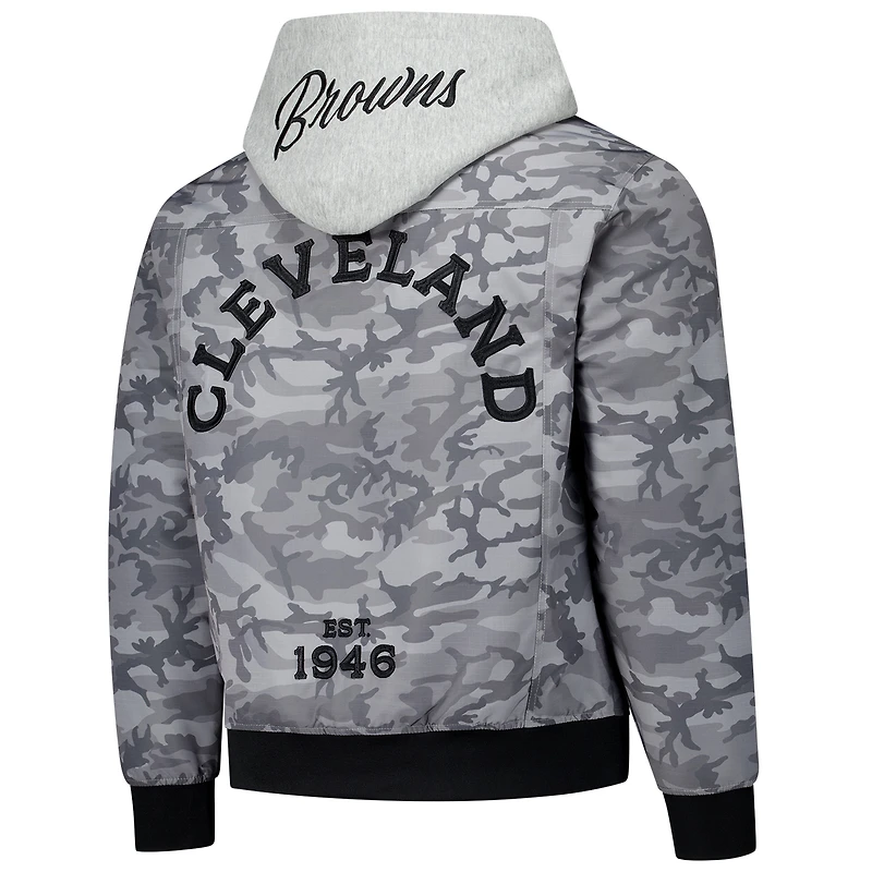 Blouson aviateur unisexe à capuche et fermeture éclair complète camouflage Cleveland Browns gris The Wild Collective