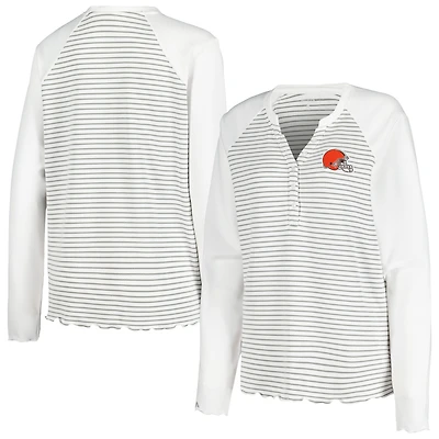 Women's Antigua White Cleveland Browns Maverick Waffle Henley Long Sleeve T-Shirt