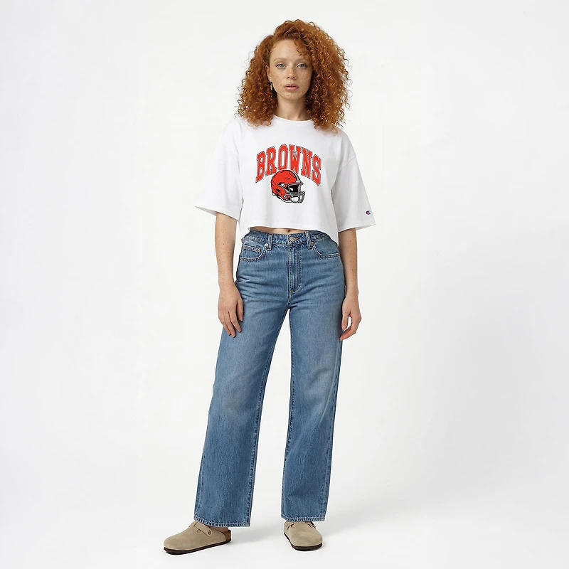 Women's Champion  White Cleveland Browns Boyfriend Cropped T-Shirt
