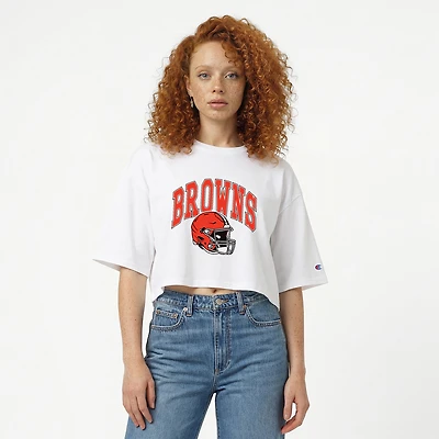 Women's Champion  White Cleveland Browns Boyfriend Cropped T-Shirt