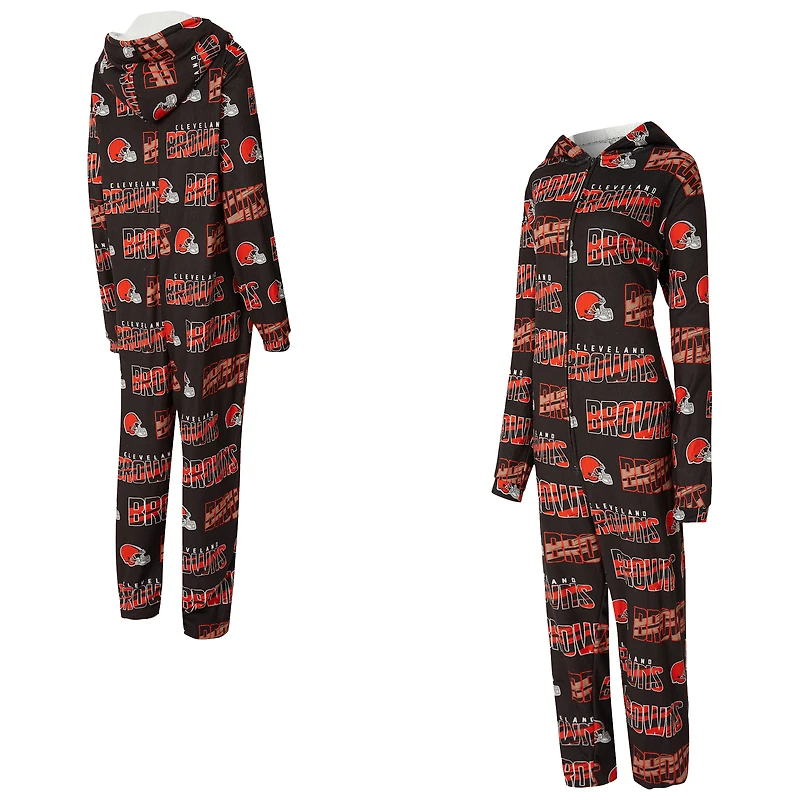 Women's Concepts Sport  Brown Cleveland Browns Roadway Allover Print Microfleece Full-Zip Union Suit