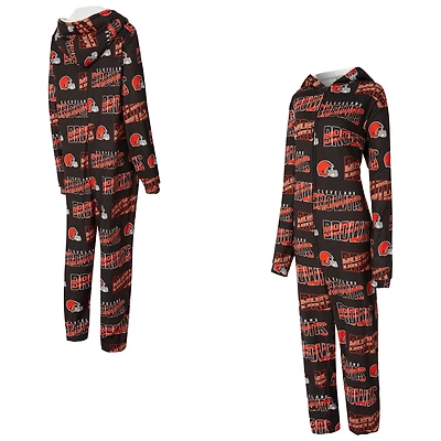Women's Concepts Sport  Brown Cleveland Browns Roadway Allover Print Microfleece Full-Zip Union Suit