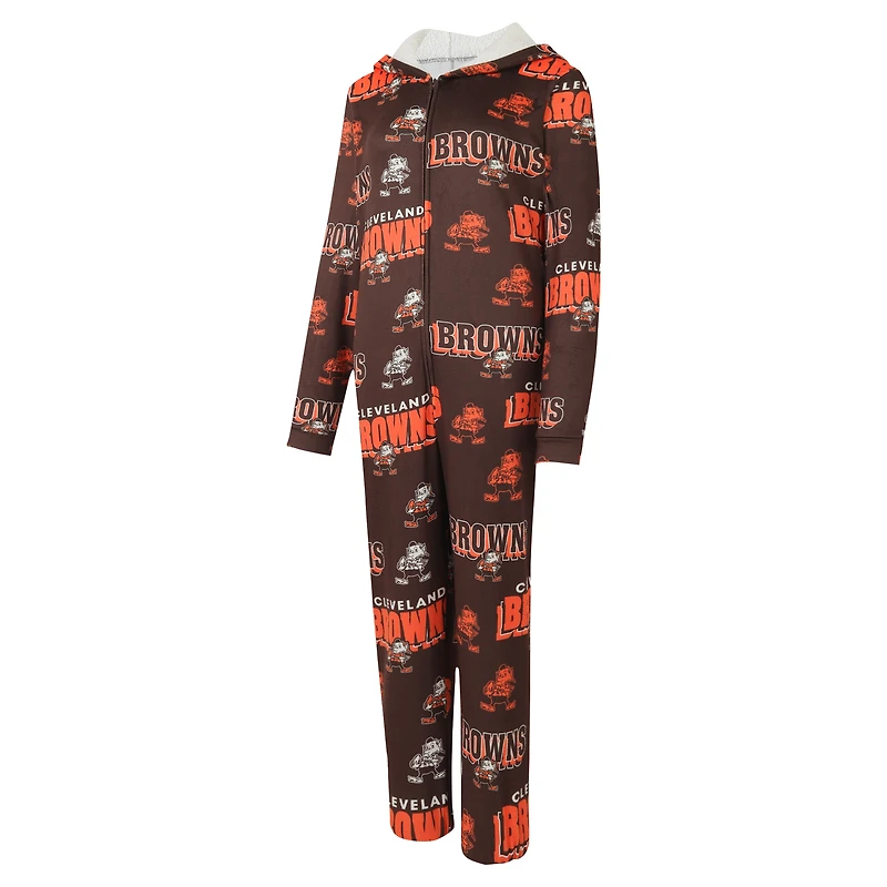 Women's Concepts Sport Brown Cleveland Browns Throwback Roadway Allover Print Microfleece Full-Zip Union Suit