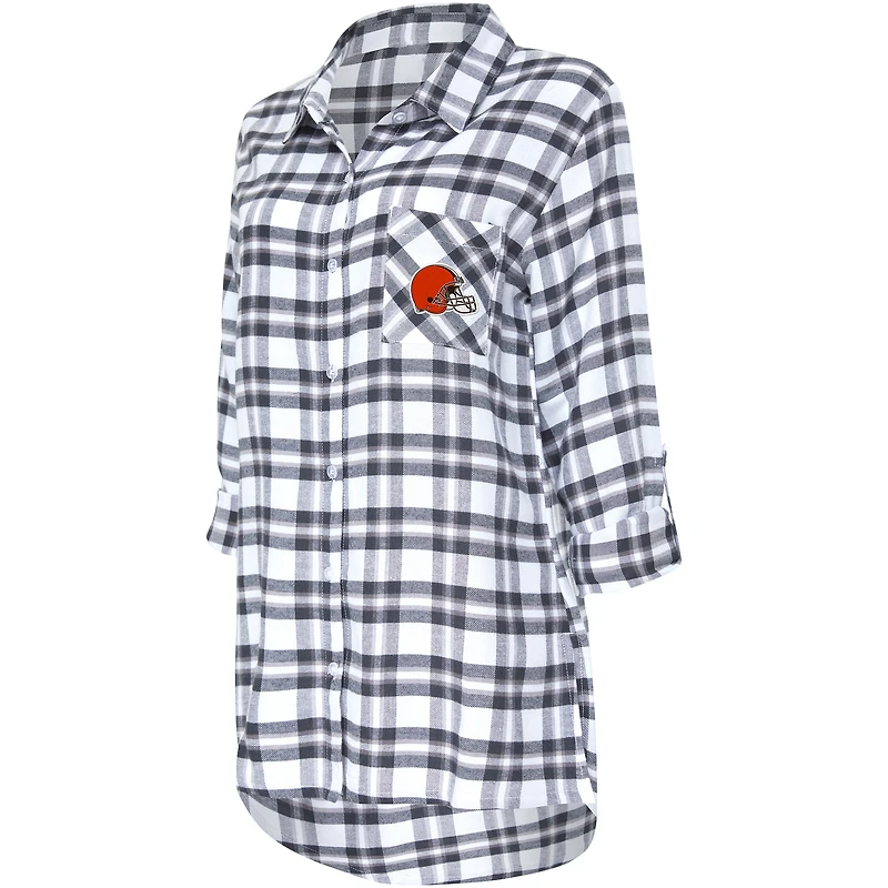 Women's Concepts Sport Charcoal Cleveland Browns Sienna Plaid Full-Button Long Sleeve Nightshirt