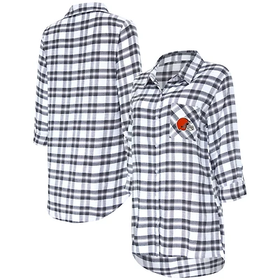 Women's Concepts Sport Charcoal Cleveland Browns Sienna Plaid Full-Button Long Sleeve Nightshirt