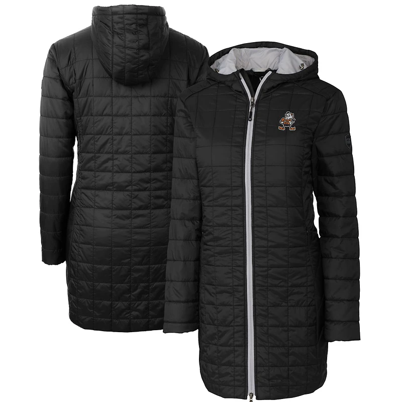 Manteau long à capuche zippé entièrement en Primaloft Eco Rainier pour femme, coupe-vent et buck, logo rétro des Cleveland Browns, noir