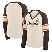 Women's Fanatics Cream/Brown Cleveland Browns Hometown Gridiron Hero Raglan Lace-Up V-Neck Long Sleeve T-Shirt