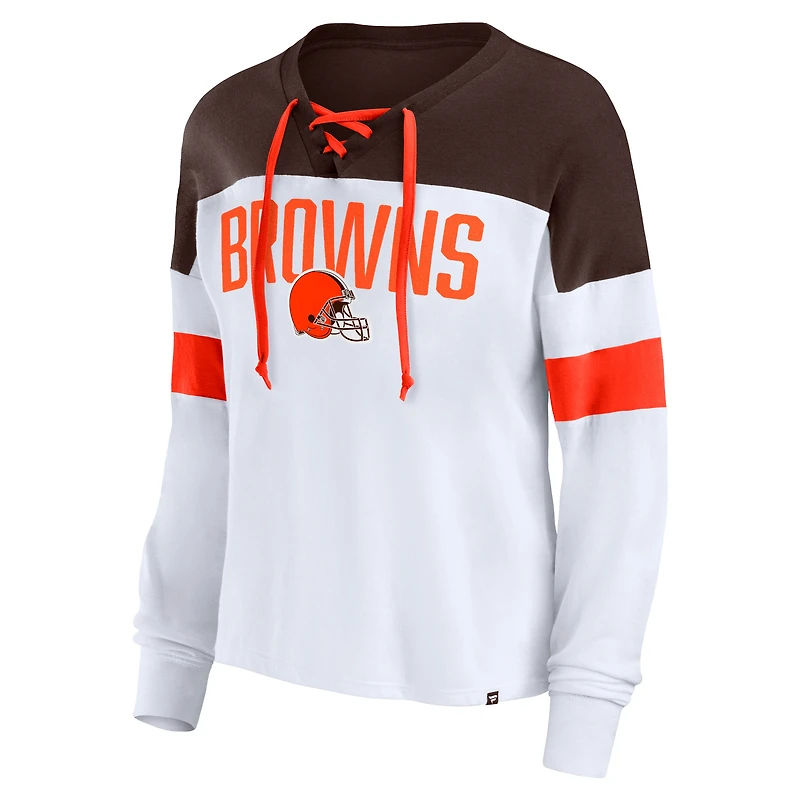 T-shirt à col en V et lacets Fanatics pour femmes, blanc/marron, Even Match, manches longues