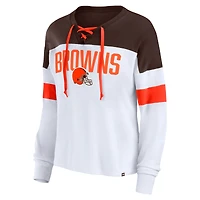Women's Fanatics White/Brown Cleveland Browns Even Match Lace-Up Long Sleeve V-Neck T-Shirt