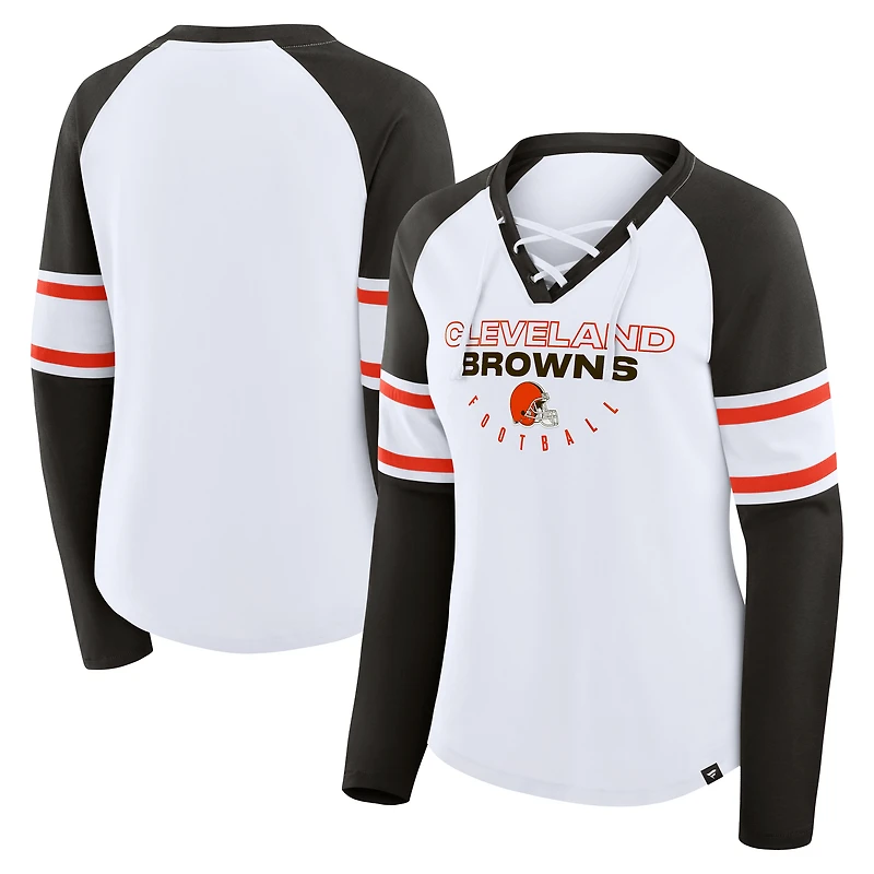 T-shirt à manches longues et col en V lacets raglan pour femme Fanatics, blanc/marron, Cleveland Browns Redzone Blitz Package