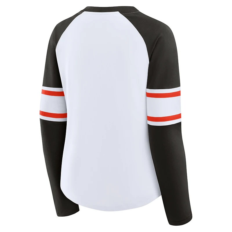 Women's Fanatics White/Brown Cleveland Browns Redzone Blitz Package Raglan Lace-Up V-Neck Long Sleeve T-Shirt