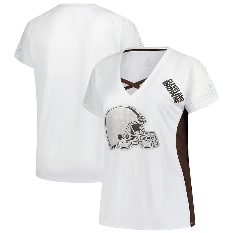 T-shirt à lacets et col en V paillettes pour femmes Fanatics White Cleveland Browns grande taille