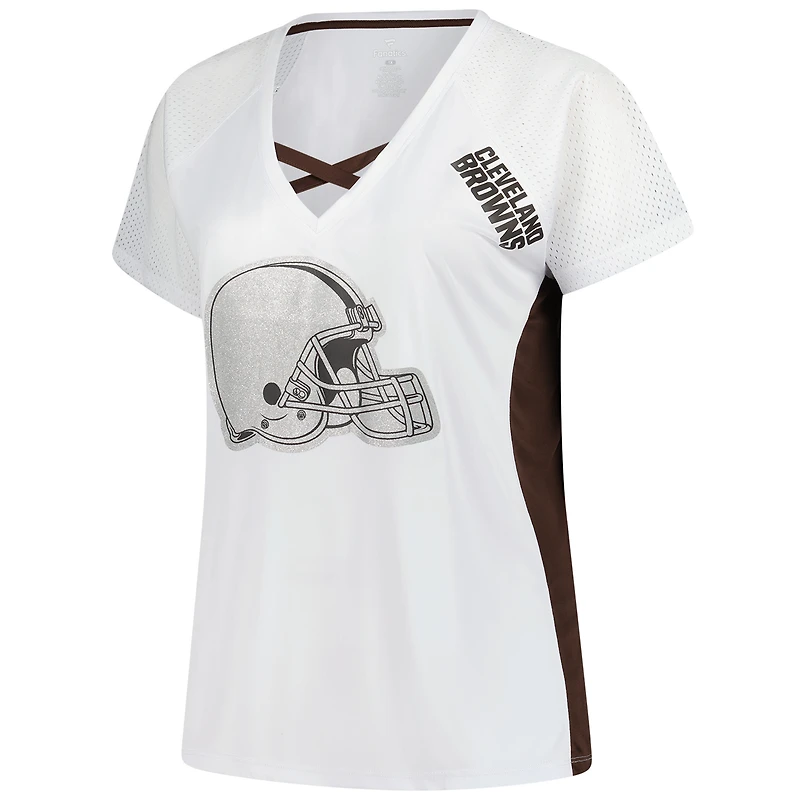 T-shirt à lacets et col en V paillettes pour femmes Fanatics White Cleveland Browns grande taille