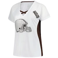 T-shirt à lacets et col en V paillettes pour femmes Fanatics White Cleveland Browns grande taille