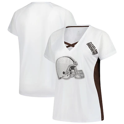 T-shirt à lacets et col en V paillettes pour femmes Fanatics White Cleveland Browns grande taille