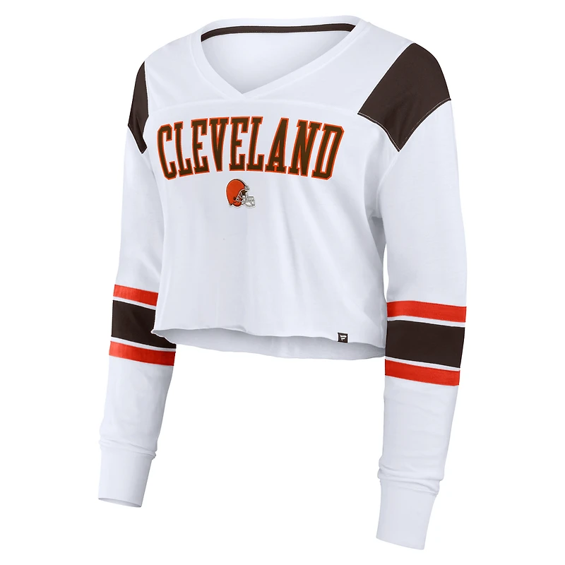 Women's Fanatics White Cleveland Browns Stretch Cropped Fashion Long Sleeve T-Shirt