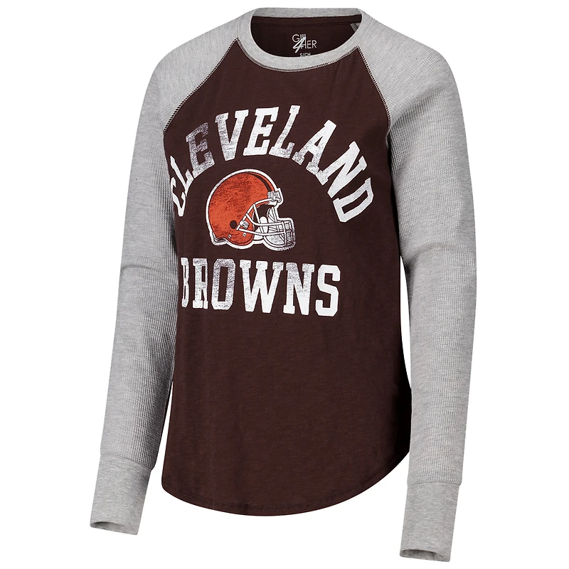 T-shirt à manches longues raglan en tricot gaufré G-III 4Her de Carl Banks pour femme, marron/gris chiné, Cleveland Browns